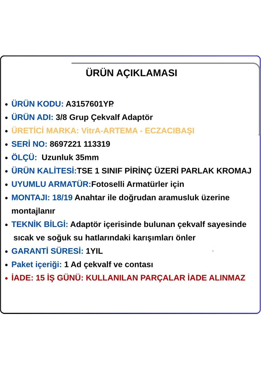 artema grup Çekvalf adaptör artema grup Çekvalf adaptör